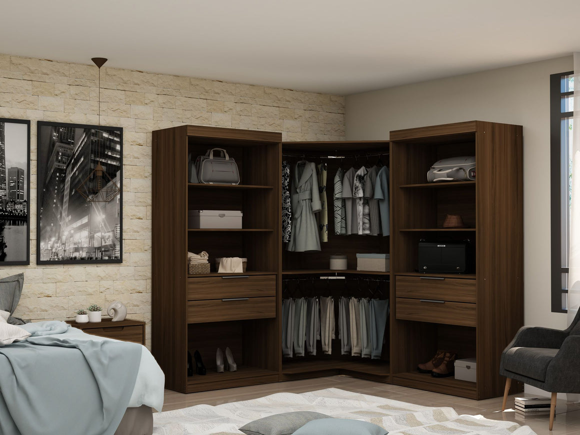 Mulberry Open 3 Sectional Modern Wardrobe Corner Closet with 4 Drawers - Set of 3 in Brown