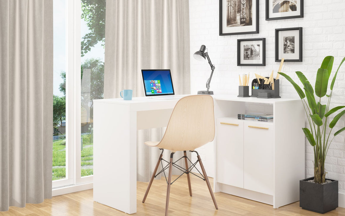 Kalmar L -Shaped Office Desk with Inclusive Cabinet in White