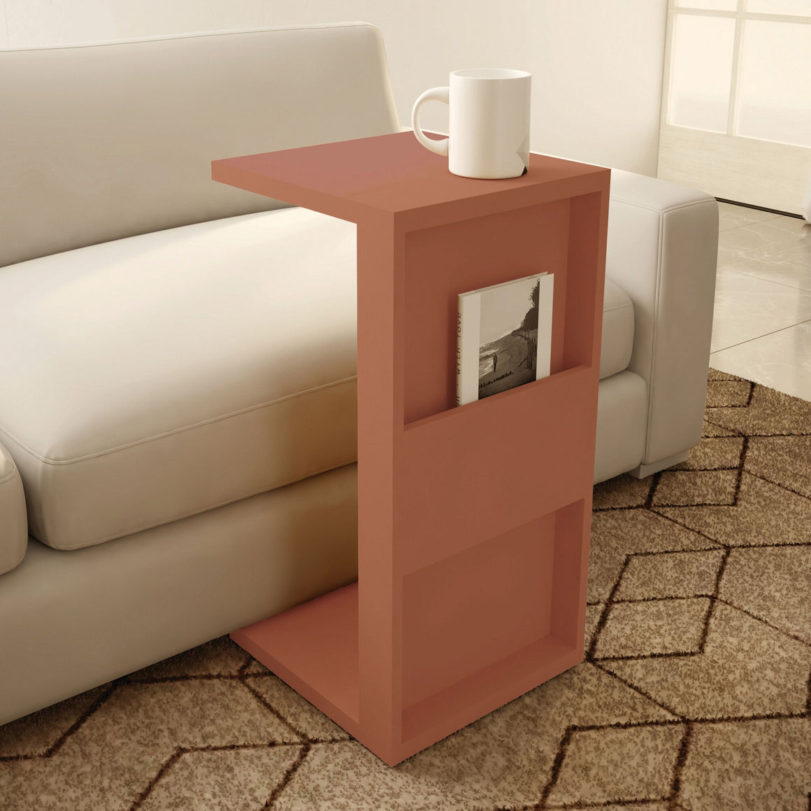 Marine Modern End Table with Magazine Shelf in Ceramic Pink