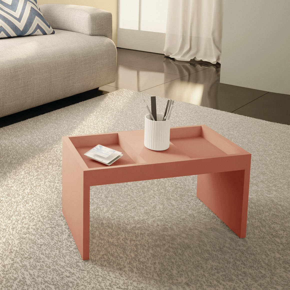 Marine Modern Coffee Table with Magazine Shelf in Ceramic Pink