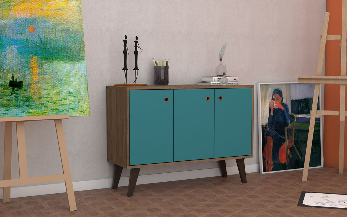 Mid-Century- Modern Bromma 35.43" Sideboard 2.0 with 3 Shelves in Oak and Aqua Blue