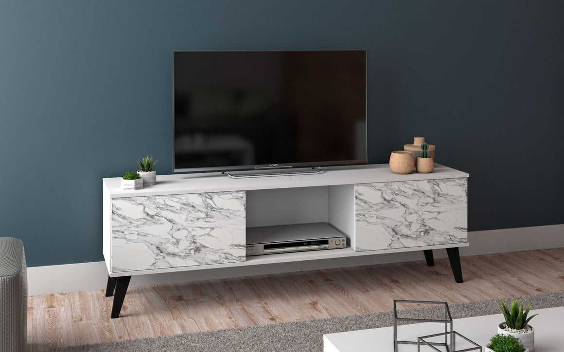 Doyers 53.15 Mid-Century Modern TV Stand in White and Marble Stamp
