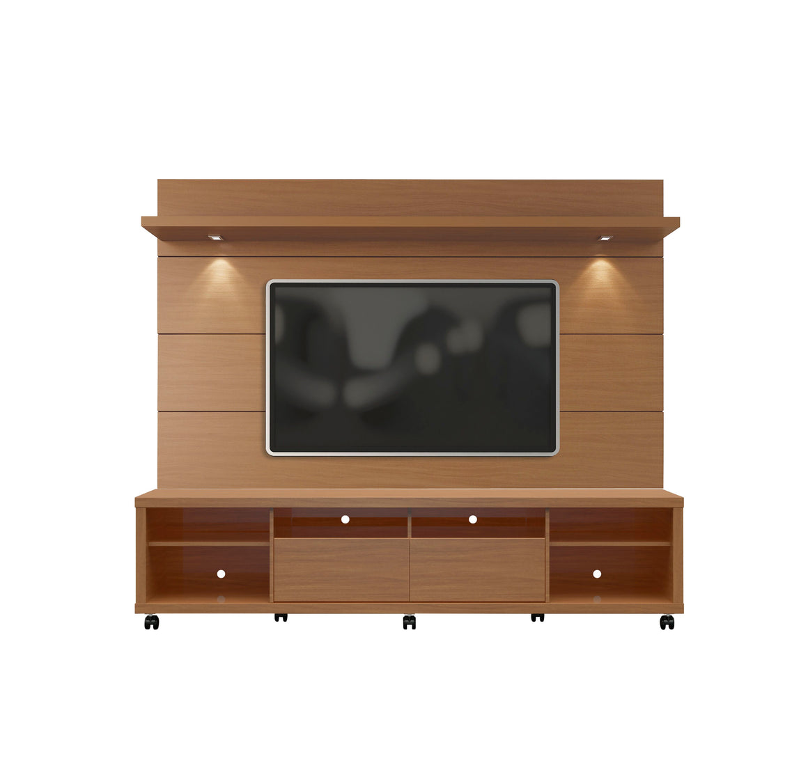 Cabrini TV Stand and Floating Wall TV Panel with LED Lights 2.2 in Maple Cream and Off White