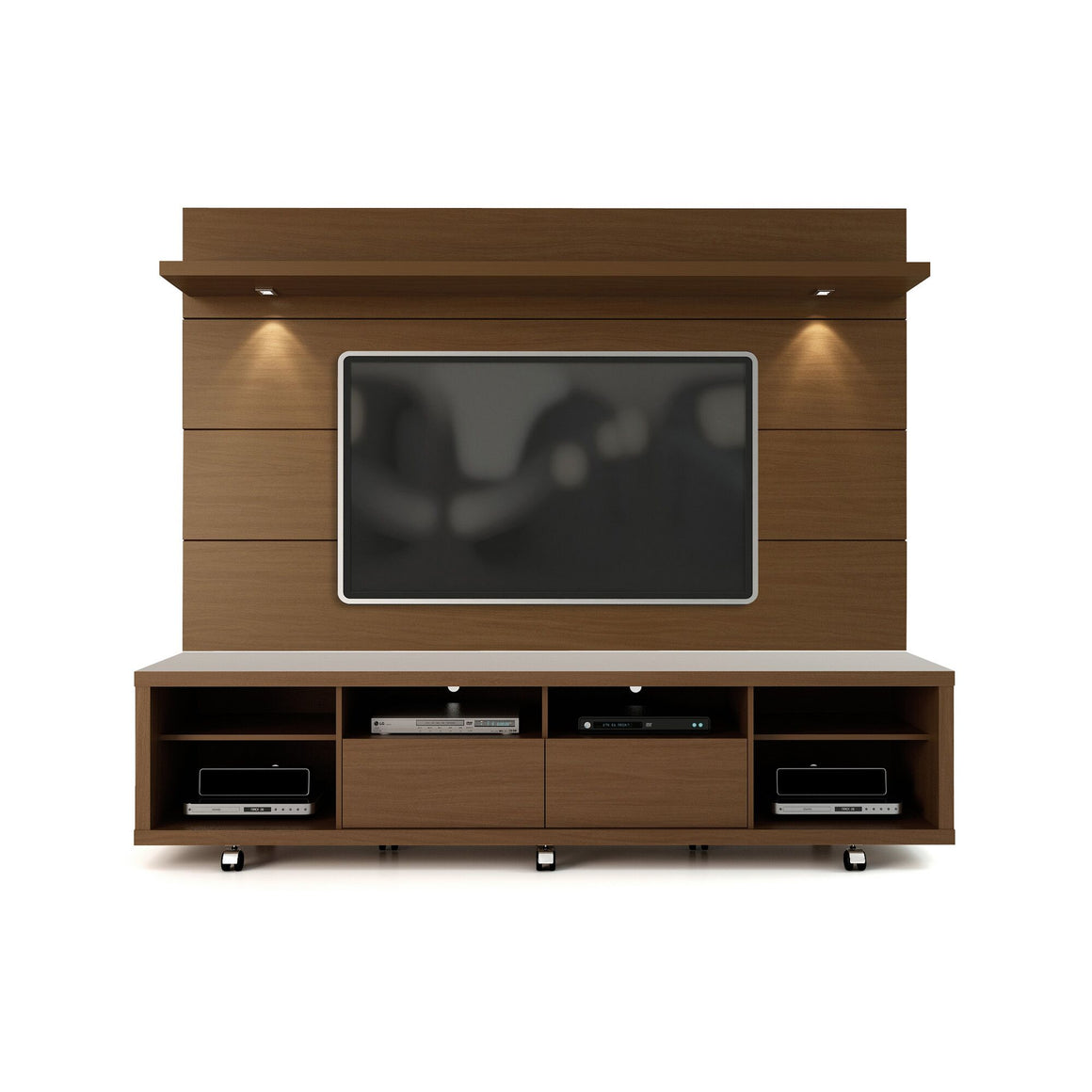 Cabrini TV Stand and Floating Wall TV Panel with LED Lights 2.2 in Nut Brown