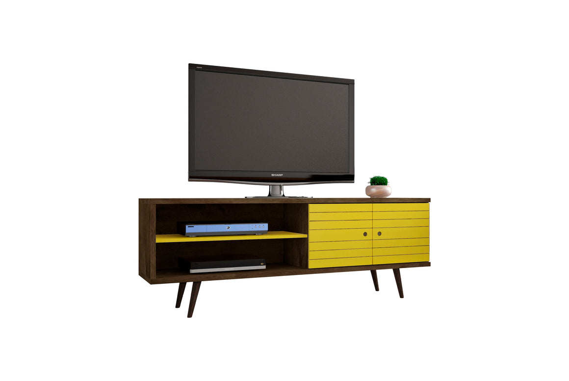 Liberty 62.99" Mid-Century - Modern TV Stand with 3 Shelves and 2 Doors in Rustic Brown and Yellow with Solid Wood Legs