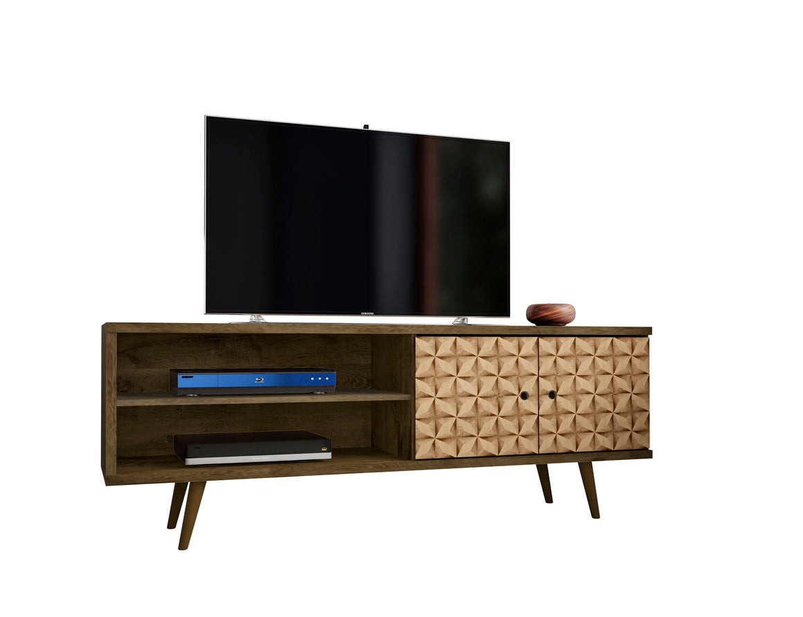 Liberty 62.99" Mid-Century - Modern TV Stand with 3 Shelves and 2 Doors in Rustic Brown and 3D Brown Prints