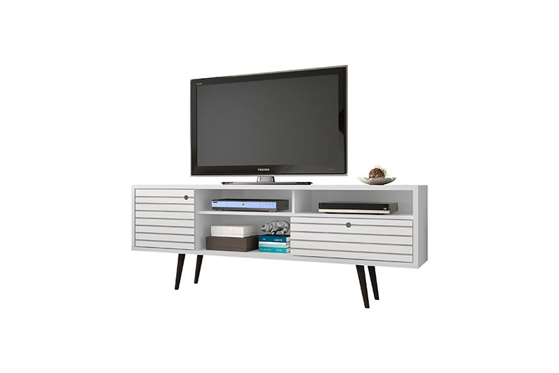 Liberty 70.86" Mid-Century - Modern TV Stand with 4 Shelving Spaces and 1 Drawer in White with Solid Wood Legs