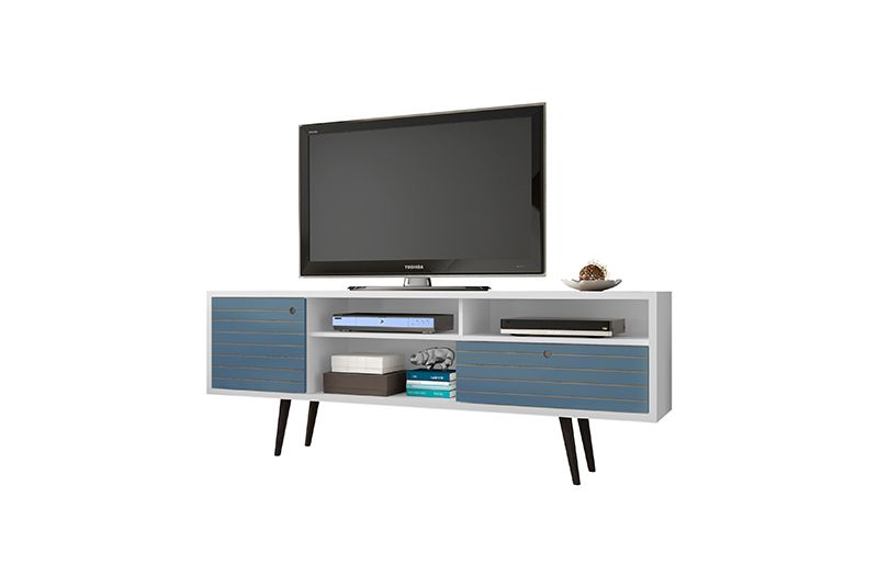 Liberty 70.86" Mid-Century - Modern TV Stand with 4 Shelving Spaces and 1 Drawer in White and Aqua Blue with Solid Wood Legs