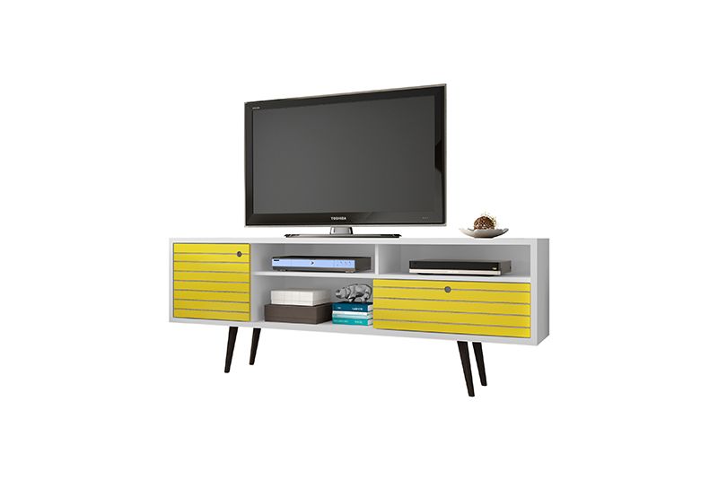 Liberty 70.86" Mid-Century - Modern TV Stand with 4 Shelving Spaces and 1 Drawer in White and Yellow with Solid Wood Legs