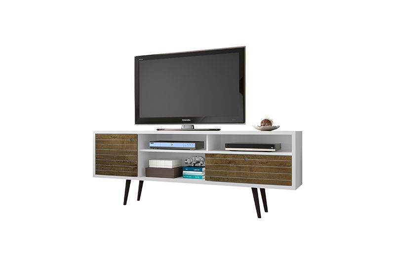 Liberty 70.86" Mid-Century - Modern TV Stand with 4 Shelving Spaces and 1 Drawer in White and Rustic Brown with Solid Wood Legs
