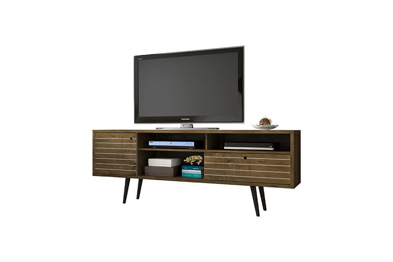 Liberty 70.86" Mid-Century - Modern TV Stand with 4 Shelving Spaces and 1 Drawer in Rustic Brown with Solid Wood Legs
