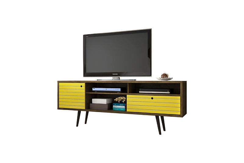Liberty 70.86" Mid-Century - Modern TV Stand with 4 Shelving Spaces and 1 Drawer in Rustic Brown and Yellow with Solid Wood Legs
