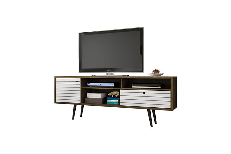 Liberty 70.86" Mid-Century - Modern TV Stand with 4 Shelving Spaces and 1 Drawer in Rustic Brown and White with Solid Wood Legs