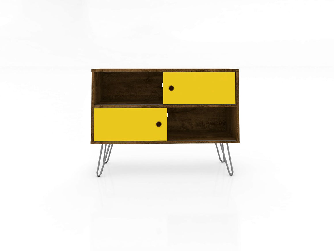 Baxter Mid-Century- Modern 35.43" TV Stand with 4 Shelves in Rustic Brown and Yellow