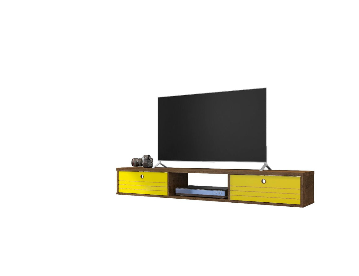Liberty 62.99 Mid-Century Modern Floating Entertainment Center with 3 Shelves in Rustic Brown and Yellow