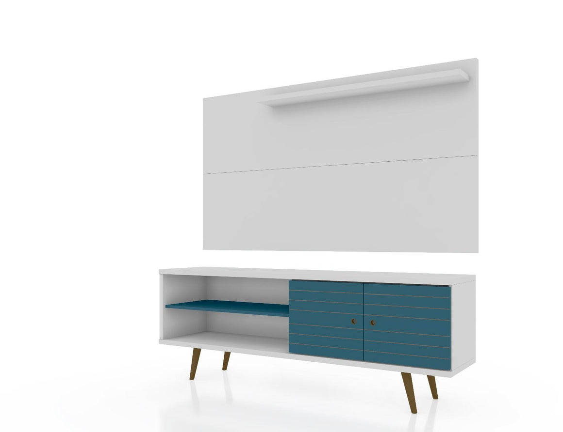 Liberty 62.99 Mid-Century Modern TV Stand and Panel with Solid Wood Legs in White and Aqua Blue