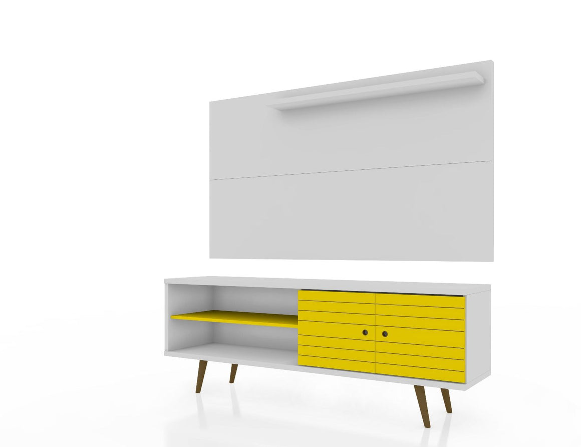 Liberty 62.99 Mid-Century Modern TV Stand and Panel with Solid Wood Legs in White and Yellow