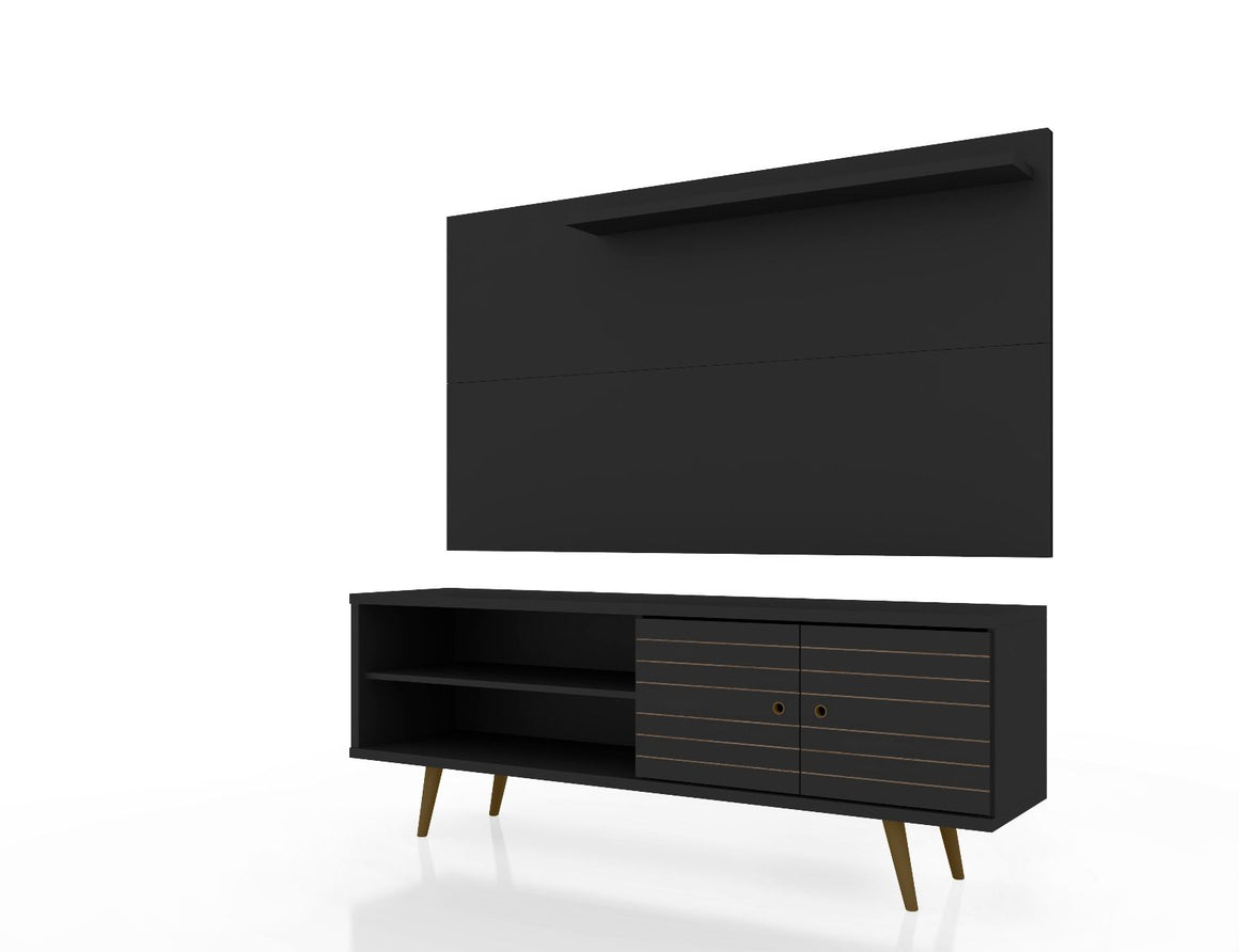 Liberty 62.99 Mid-Century Modern TV Stand and Panel with Solid Wood Legs in Black