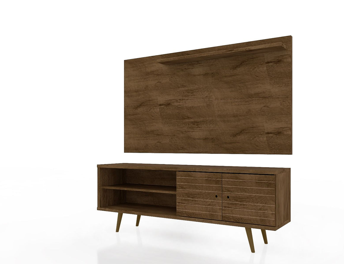 Liberty 62.99 Mid-Century Modern TV Stand and Panel with Solid Wood Legs in Rustic Brown