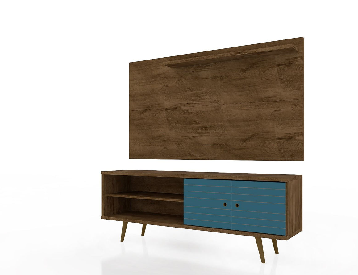 Liberty 62.99 Mid-Century Modern TV Stand and Panel with Solid Wood Legs in Rustic Brown and Aqua Blue
