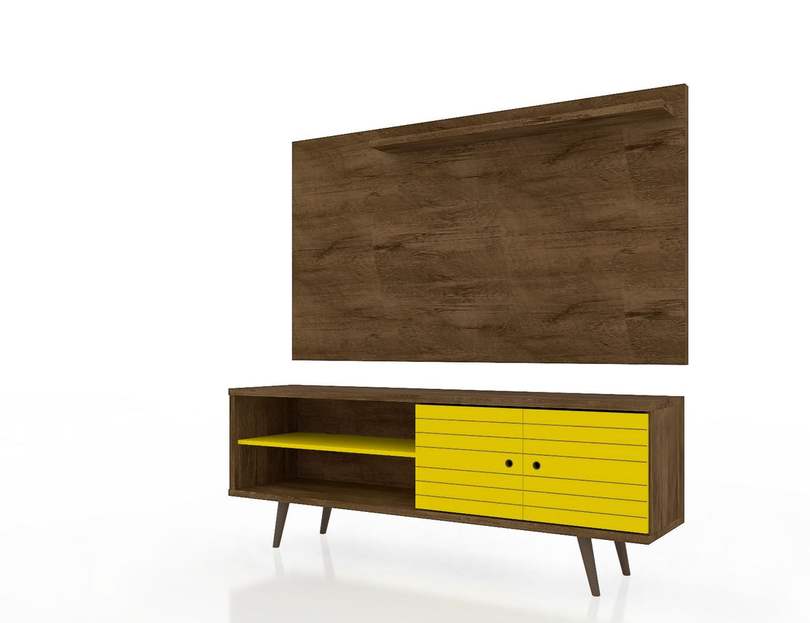 Liberty 62.99 Mid-Century Modern TV Stand and Panel with Solid Wood Legs in Rustic Brown and Yellow