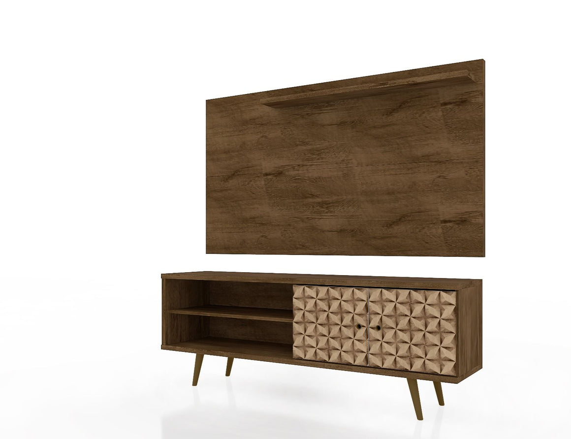 Liberty 62.99 Mid-Century Modern TV Stand and Panel with Solid Wood Legs in Rustic Brown and 3D Brown Prints
