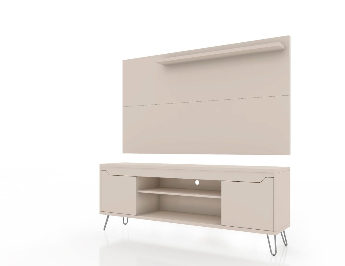 Baxter 62.99 Mid-Century Modern TV Stand and Liberty Panel with Media and Display Shelves in Off White