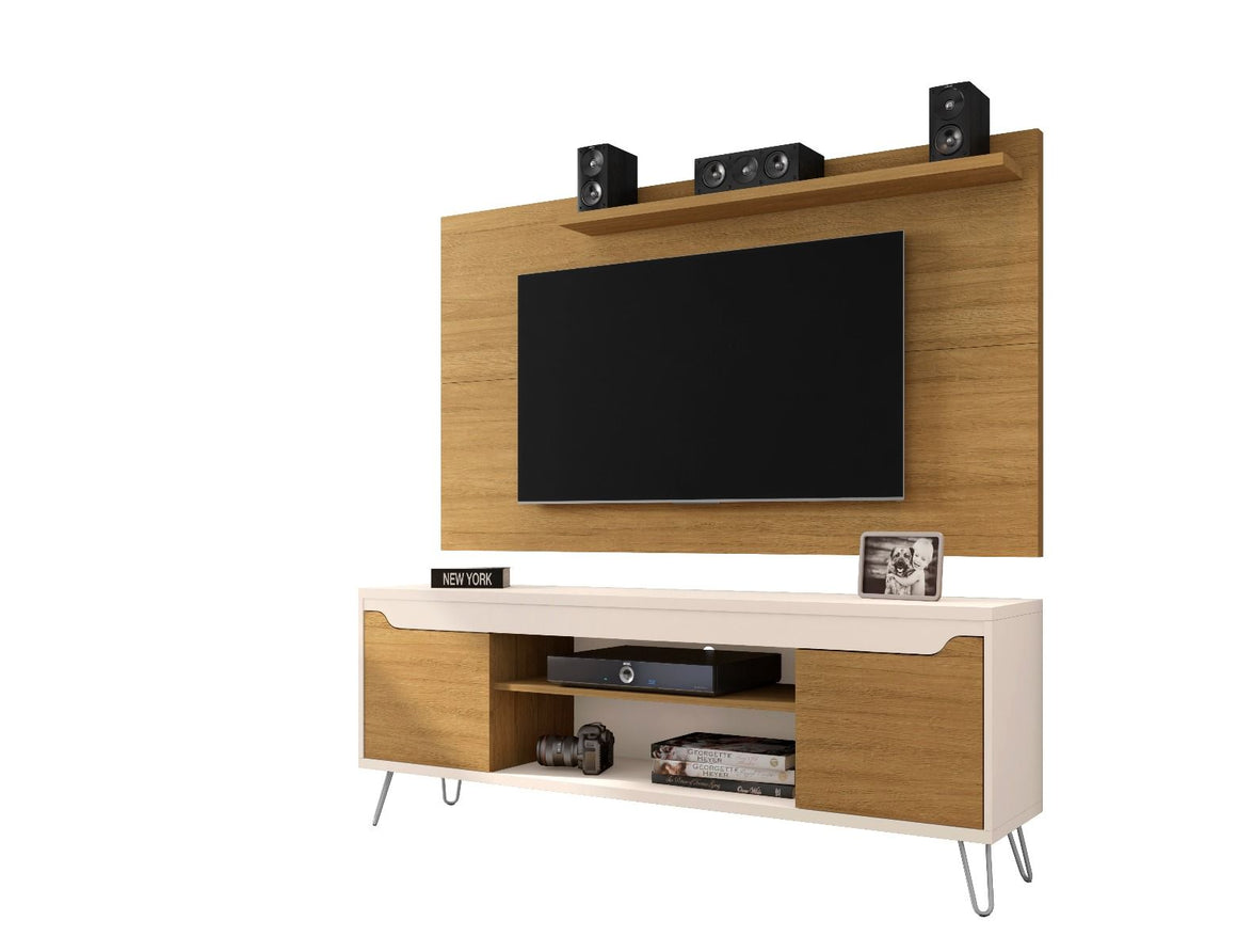 Baxter 62.99 Mid-Century Modern TV Stand and Liberty Panel with Media and Display Shelves in Cinnamon and Off White