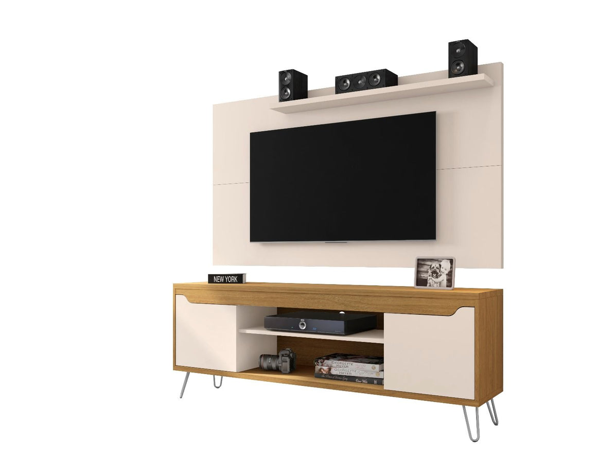 Baxter 62.99 Mid-Century Modern TV Stand and Liberty Panel with Media and Display Shelves in Off White and Cinnamon
