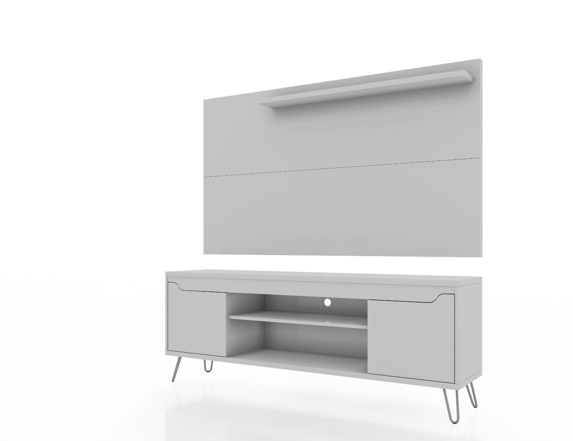 Baxter 62.99 Mid-Century Modern TV Stand and Liberty Panel with Media and Display Shelves in White