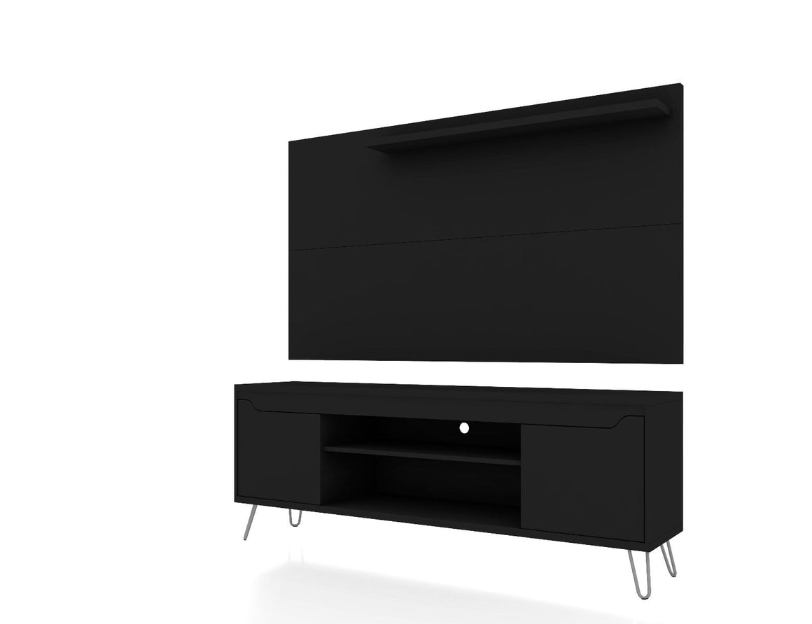 Baxter 62.99 Mid-Century Modern TV Stand and Liberty Panel with Media and Display Shelves in Black