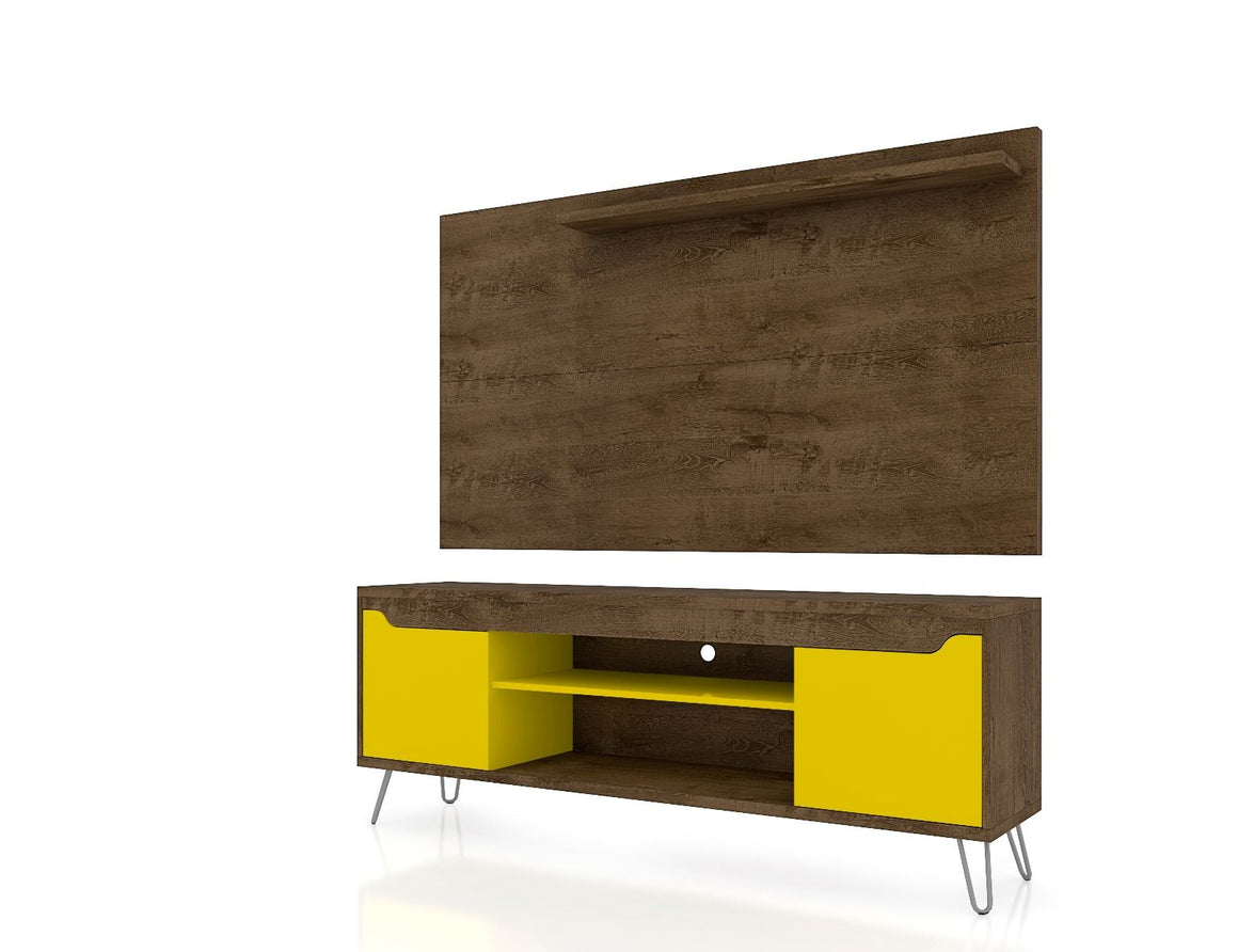 Baxter 62.99 Mid-Century Modern TV Stand and Liberty Panel with Media and Display Shelves in Rustic Brown and Yellow