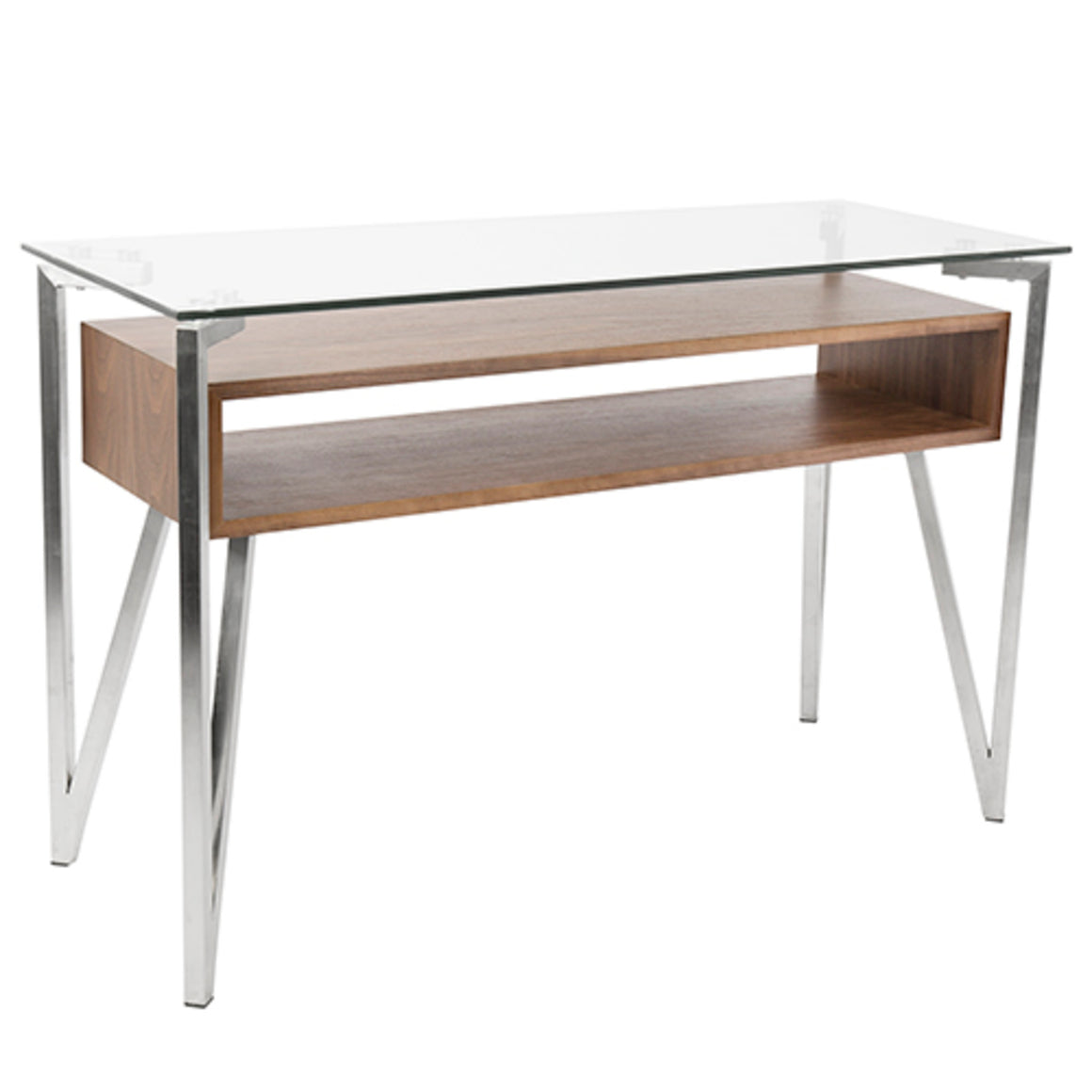 Hover Contemporary Console Table with Brushed Stainless Steel Frame, Walnut Wood Shelf, and Clear Glass Top by LumiSource