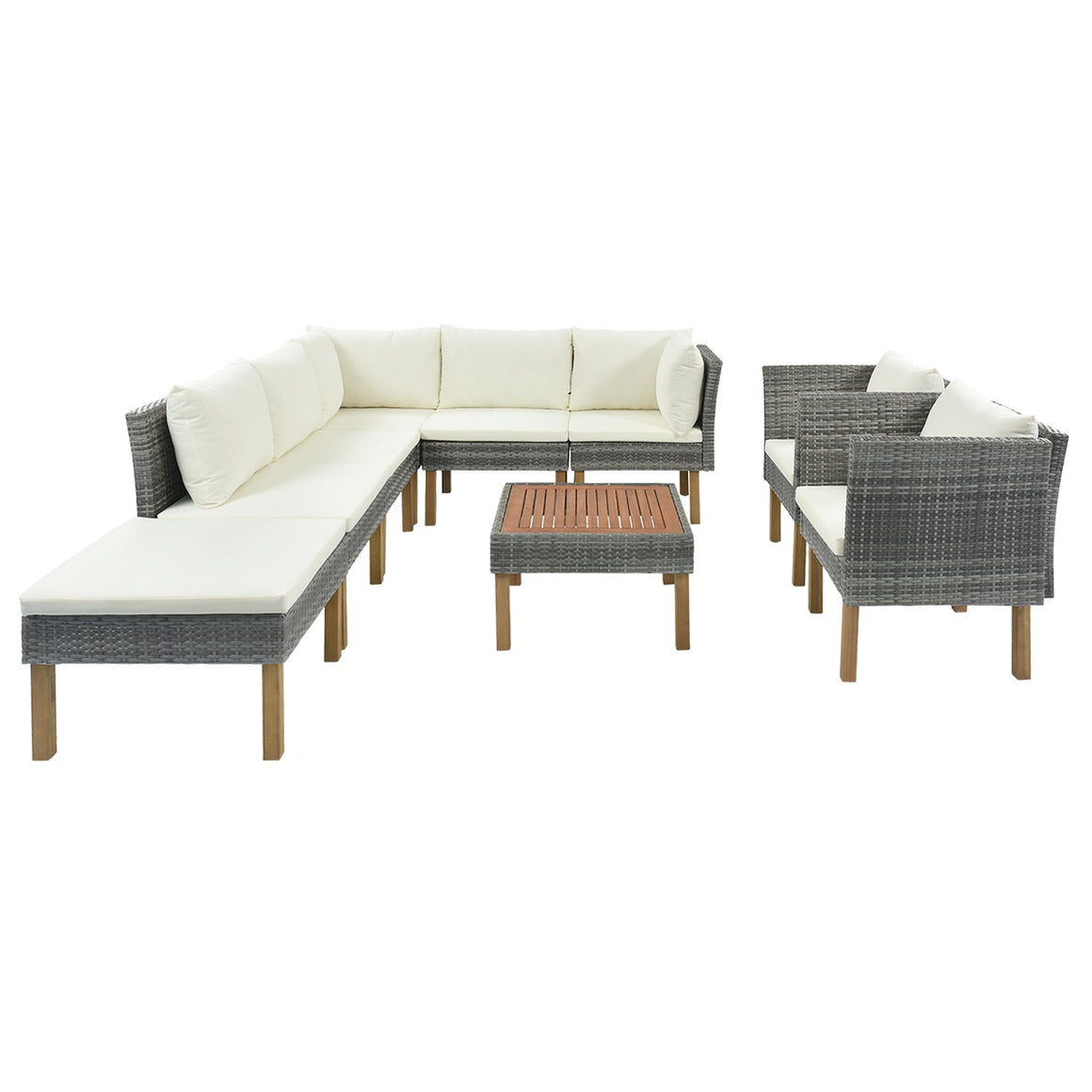 Fablise 9-Piece Outdoor Patio Garden Wicker Sofa Set with Armchairs with Ivory Cushions and Acacia Wood Tabletop