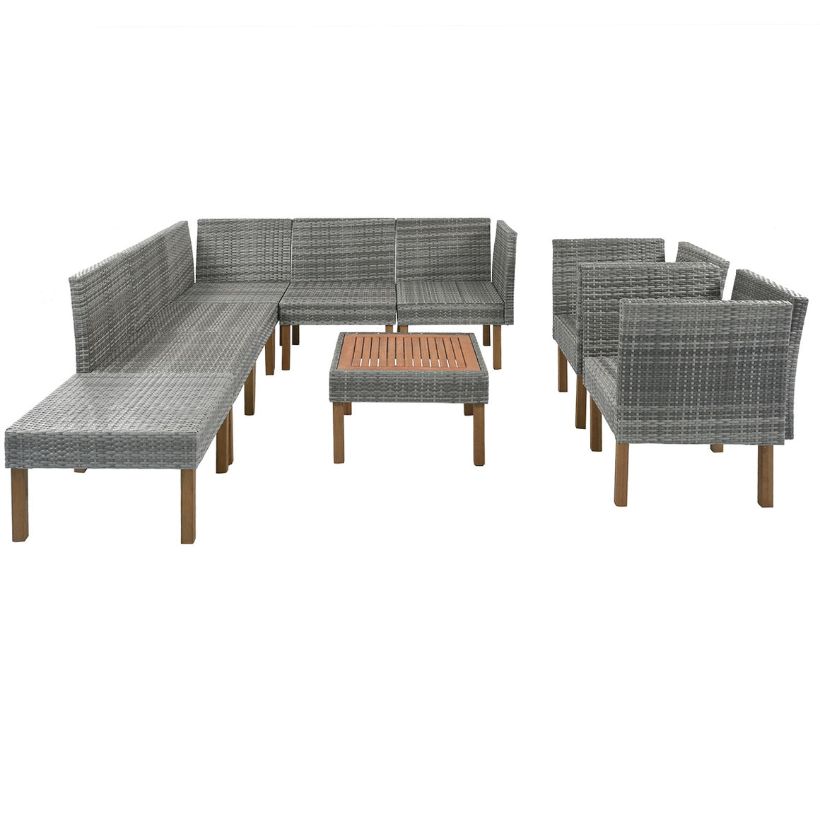 Fablise 9-Piece Outdoor Patio Garden Wicker Sofa Set with Armchairs with Grey Cushions and Acacia Wood Tabletop