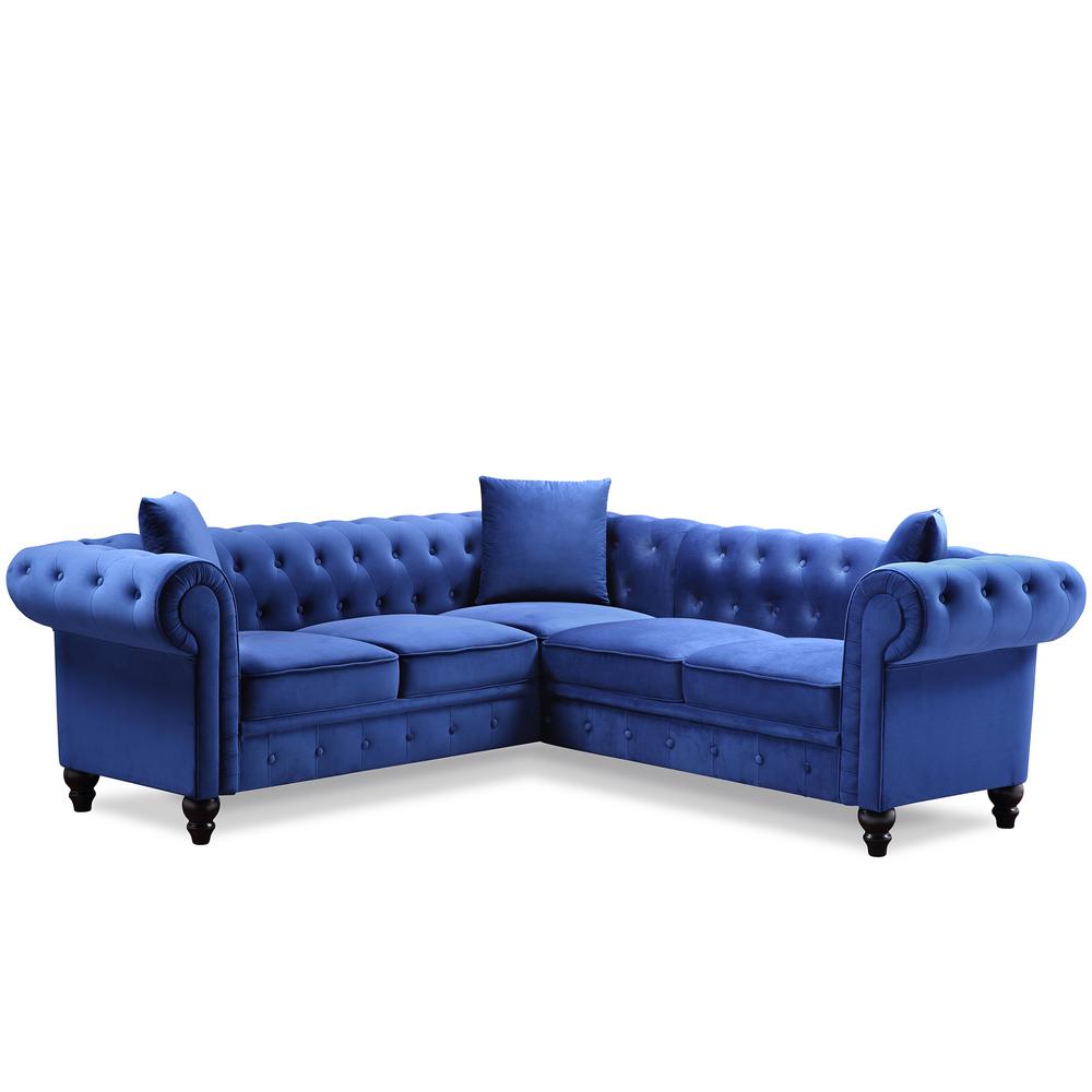 80 in. Chesterfield Blue Tufted Velvet Upholstered Solid Wood 5-Seat Sectional Sofa with Nailhead Accents