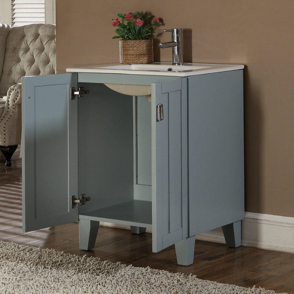 30" Country Style Bath Vanity with Ceramic Top and Integrated Sink in Grey Blue Finish