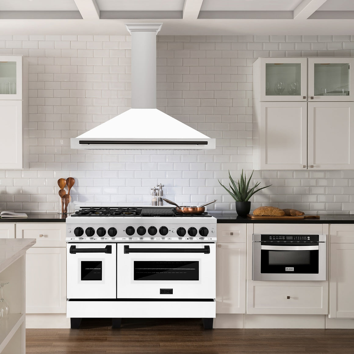 ZLINE 48" Autograph Edition Stainless Steel Range Hood with White Matte Shell and Black Accent (KB4STZ-WM48-MB)