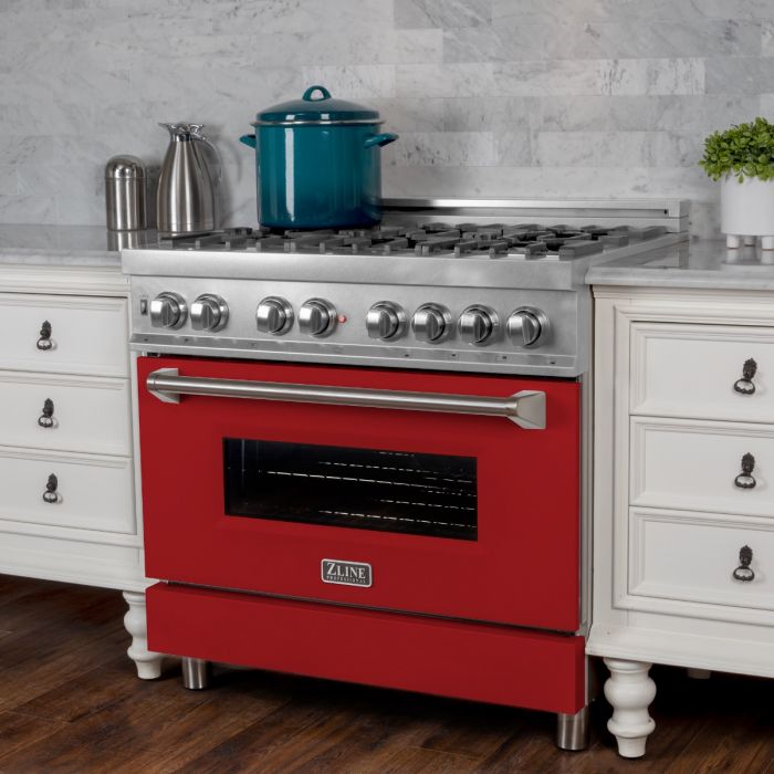ZLINE 36 IN. Professional Dual Fuel Range in Snow Stainless with Red Matte Door (RAS-RM-36)