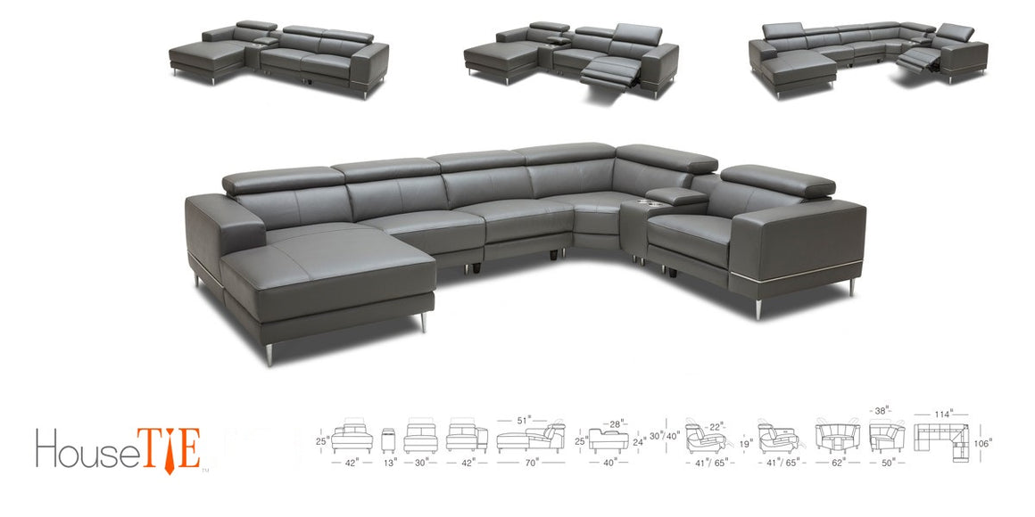 Divani Casa Wade Modern Dark Grey Leather Sectional Sofa w/ 2 Electric Recliners