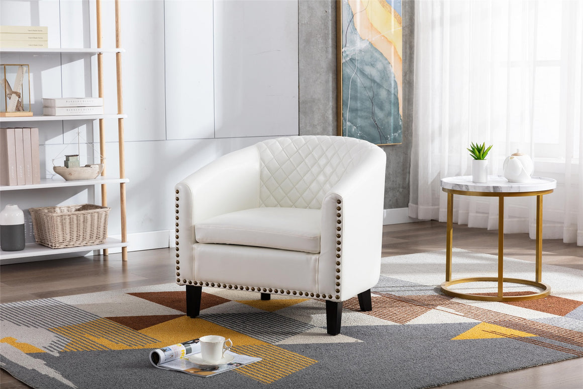 Fablise Accent Barrel Armchair with Nailheads in White Faux Leather