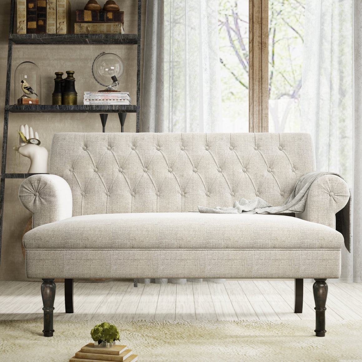 Chesterfield 58” Rolled Arm Tufted Settee - Loveseat in Linen