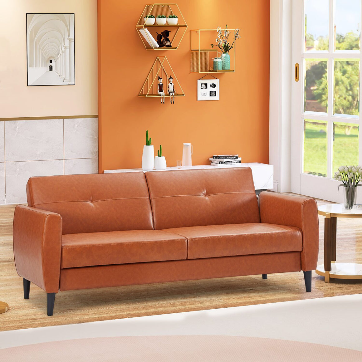 River Quinn Modern Convertible Sofa Bed with Storage Box in Cinnamon