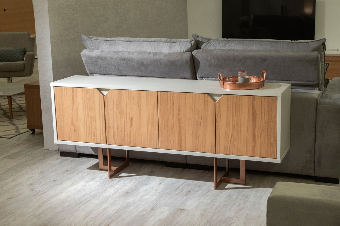 Knickerbocker 71.25 Modern Sideboard with 6 Shelves and Steel Base in Cinnamon and Off White