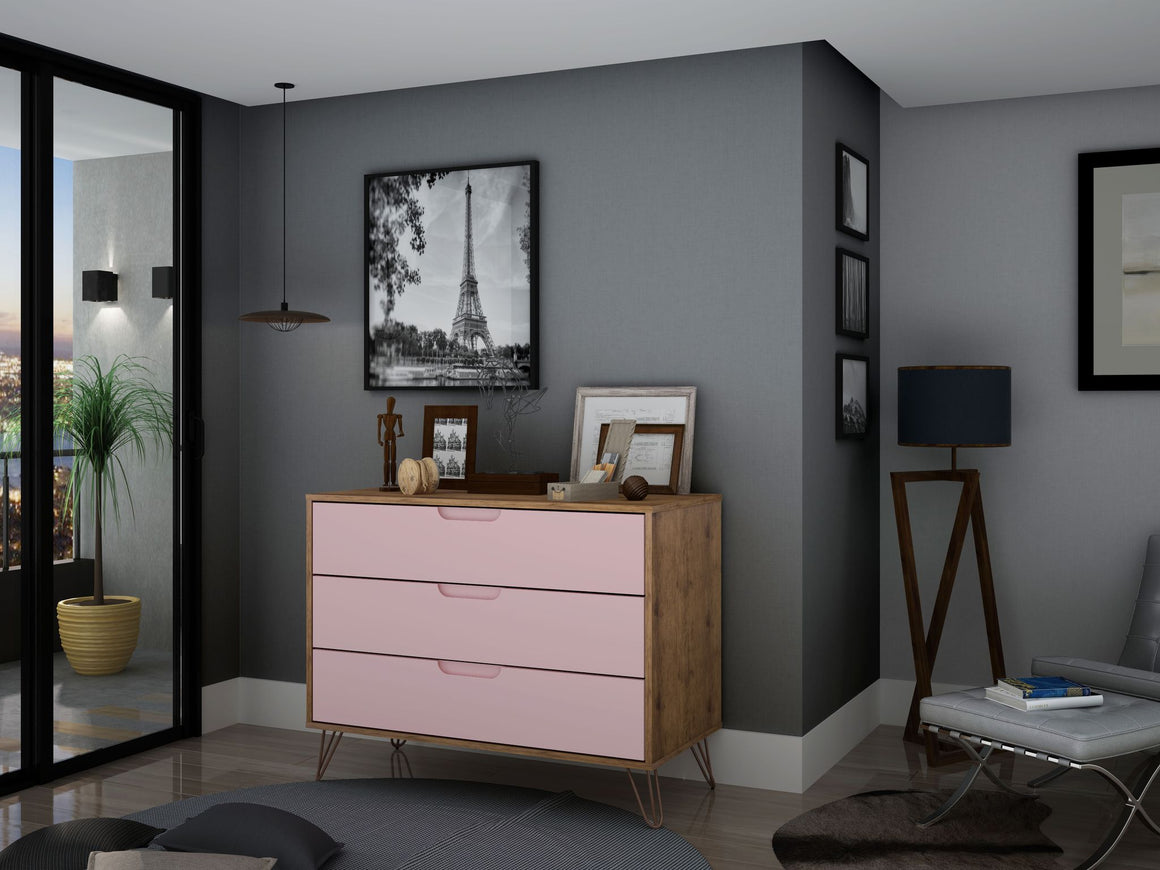 Rockefeller Mid-Century- Modern Dresser with 3- Drawers in Nature and Rose Pink