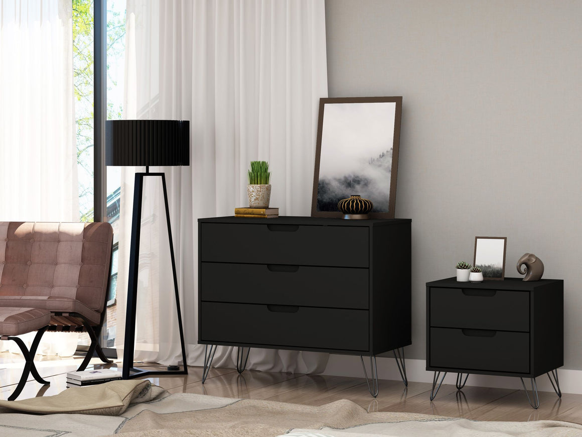 Rockefeller Mic Century- Modern Dresser and Nightstand with Drawers- Set of 2 in Black