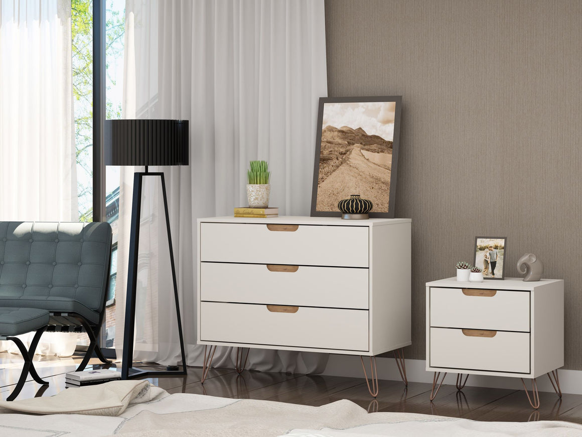 Rockefeller Mic Century- Modern Dresser and Nightstand with Drawers- Set of 2 in Off White and Nature