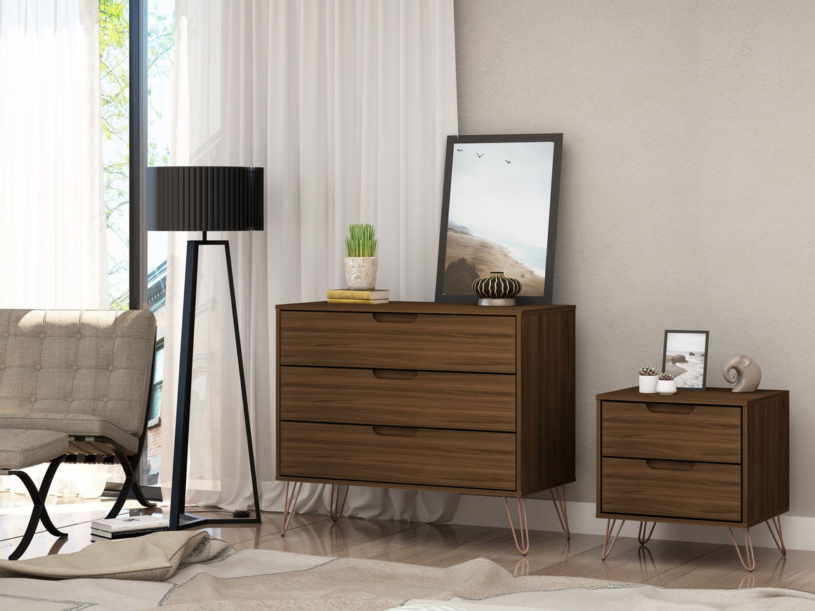 Rockefeller Mic Century- Modern Dresser and Nightstand with Drawers- Set of 2 in Brown
