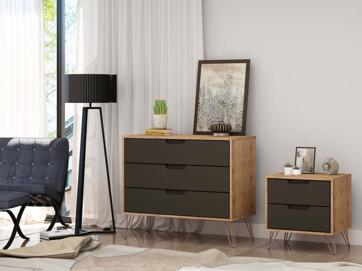 Rockefeller Mic Century- Modern Dresser and Nightstand with Drawers- Set of 2 in Nature and Textured Grey