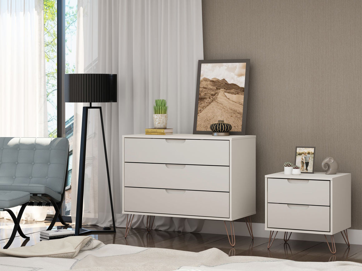 Rockefeller Mic Century- Modern Dresser and Nightstand with Drawers- Set of 2 in Off White